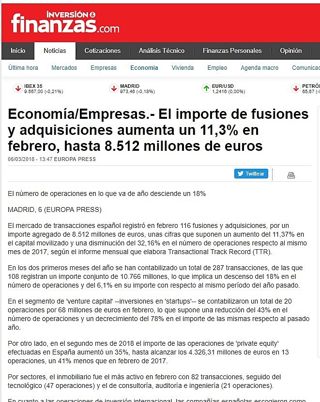 El importe de fusiones y adquisiciones aumenta un 11,3% en febrero, hasta 8.512 millones de euros